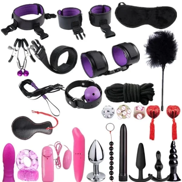 Äkta Läder BDSM Bondage Set för Kvinnor och Par, Fetisch Handbojor, Halsband, Piska 7.0, Sexleksaker, Vuxenspel, Hög Kvalitet