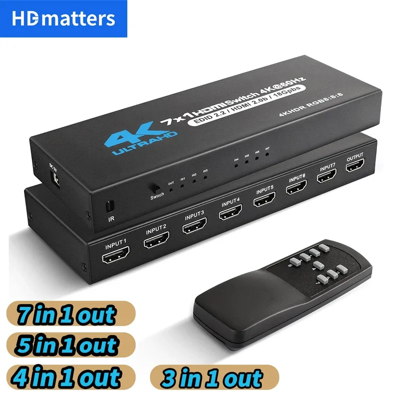 AliExpress - HDMI 2.0 Switch 7 in 1 out 4K 60Hz HDMI Switch 5X1/4X1 HDR HDMI 2.0 Switcher Fernbedienung für PS5 Xbox Series X NS Switch PC 4K HDTV