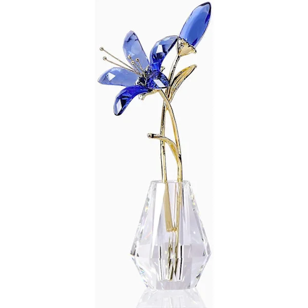 Krystal Blomsterfigur Lilje Blomst Samlerobjekt Gaver til Kvinder, Glas Lilium med Krystalvase Metalstamme til Hjem Bryllupsfest Indretning Blå