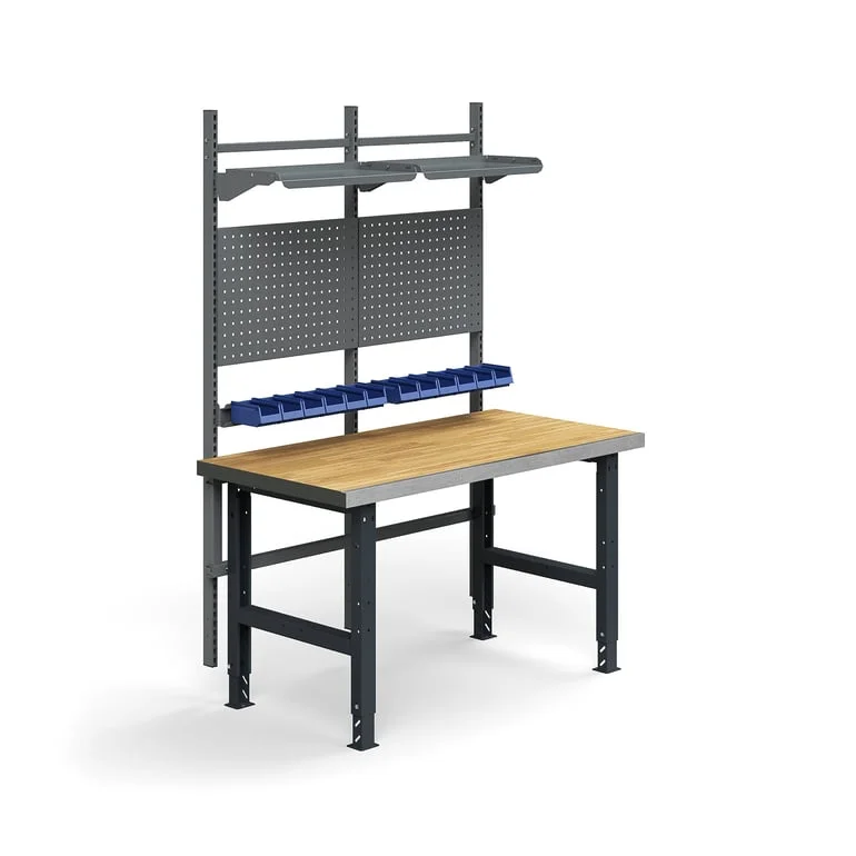 Komplett arbeidsbord, verktøytavler, plastbakker, hyller, L1500 B760 mm, eikeparkett