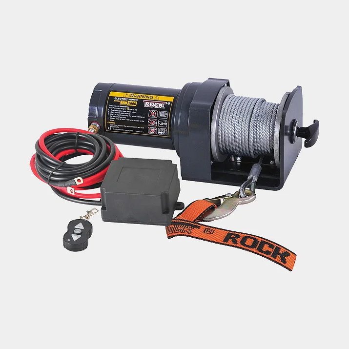 Elektrisk trailervinsch Rock RP2000, 12V, 907 kg + broms + trådlös kontroll + vajer (Ø4 mm x 15 meter)