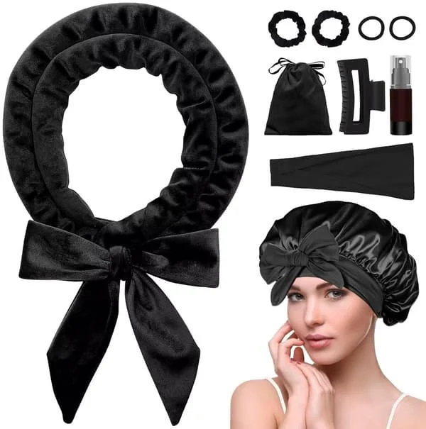 Heatless Hair Curlers - Curling Rod - Curl Set - Heatless Overnight Blow-Out Effect - Comfortable Curls While You Sleep for Long Hair - Black