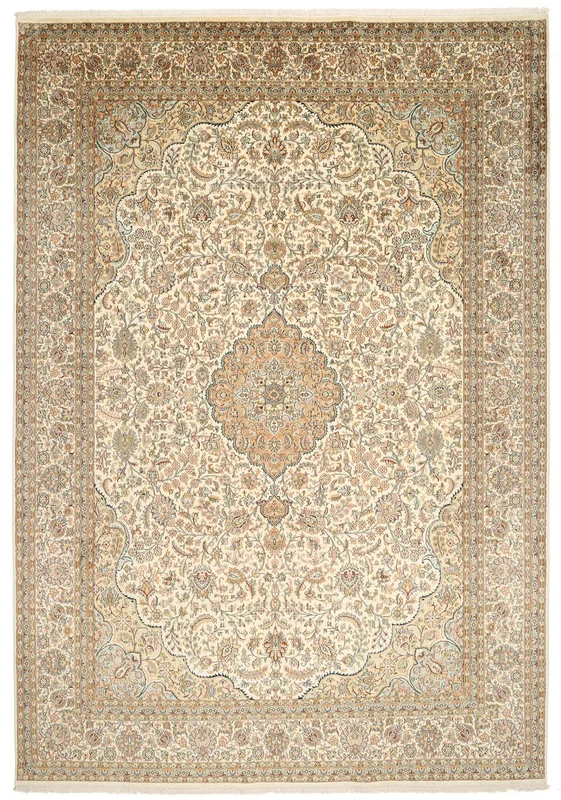 Handgeknoopt Kashmir Puur Zijde Vloerkleed 244X347 Zijden Tapijt Beige/Oranje Groot