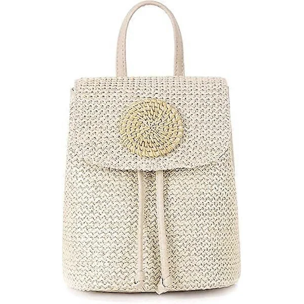 Dam Ryggsäck i Vävd Halm Handväska Casual Ryggsäck Rotting Ryggsäck Flik Axelväska Vävd Ryggsäck för Resor (Beige)