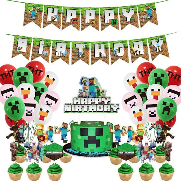 Minecraft Pixel Game Tema Festtillbehör Set: Dekorativ Banner, Ballonger, Tallrikar, Servetter och Tårtdekoration