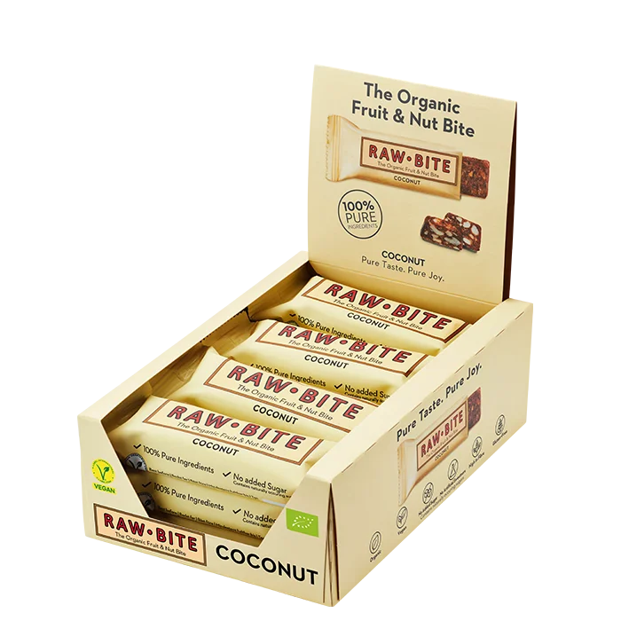 Veganske barer Rawbite 12 x Frugt & Nødde bar 50 g, Kokos - Bodyman.dk