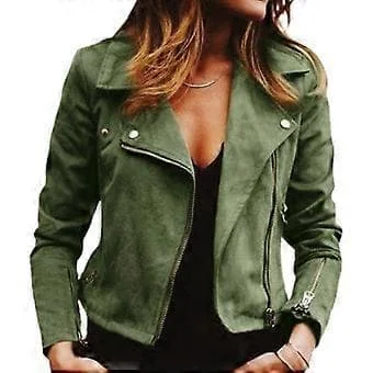 Kvinders krave enkelt lynlås bikerjakke beskåret jakkesæt dame blazer langærmet frakke slim fit overtøj (2XL grøn)