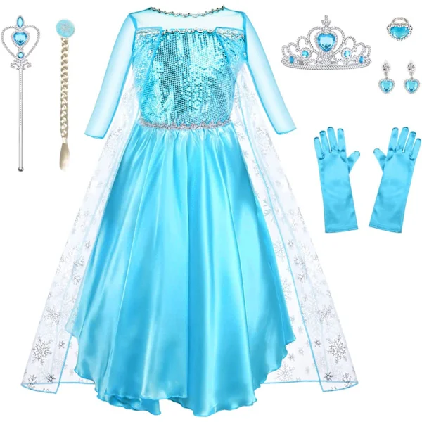 【BQ】ELSA Kostyme Barn Jenter 9 Deler Sett ELSA Kjole Barn med Krone Tiara Hansker Tryllestav for Jul Kostyme Karneval Halloween Bursdagsfest