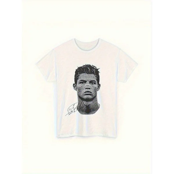 【BQ】Herre Cristiano Ronaldo CR7 Vintage Fodboldtrøje T-shirt - Hvid T-shirt med Sort Portræt, Tungvægts 100% Rundhalset Trøje til CR-DQETU131