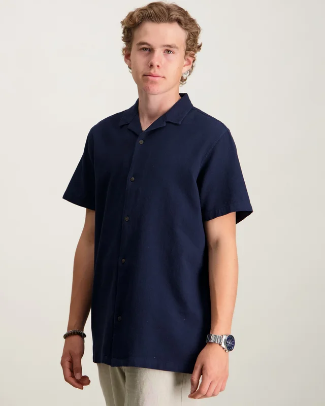 Jack & Jones JJGLOBAL WAFFLE RESORT SHIRT SS JNR Blå Skjorter Dreng - Kids Brand Store