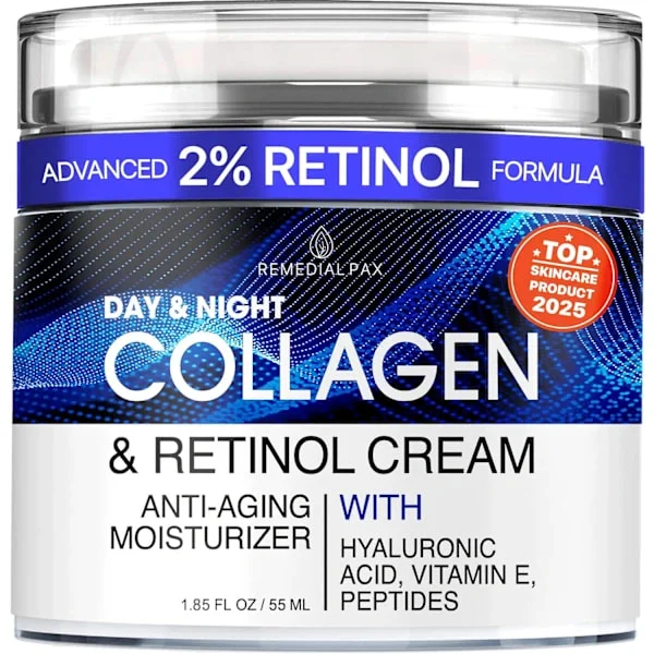 Kollagen ansiktskrem med Retinol og Hyaluronsyre - Anti-aldring fuktighetskrem for kvinner og menn, oppstrammende dag- og nattkrem for rynker, 