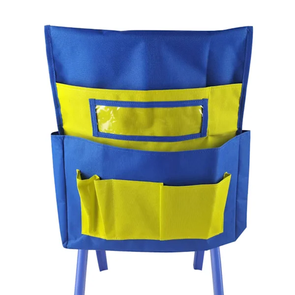 Large Chair Back Pocket with Name Tag for Storing Items on School Chairs Blue and Yellow
