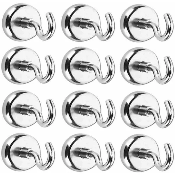 Neodymium Magnetic Hook, Extremely Strong Suction - Round Magnetic Metal Hook, Drill-Free Installation, 12-Pack