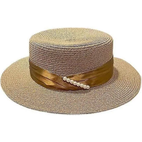 solhatte, stråhat, Dame Stråhat, Stråhat Dame Vintage Perle Trim Bredskygget Stråhat Sommer Rejse Solskærm, Khaki