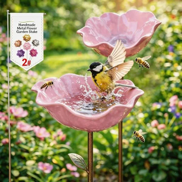 Fågelbadkar i metall med blomtema, handgjorda fågelbadkar för sparvar, köldtåliga fågelbadkar och insektsmatare