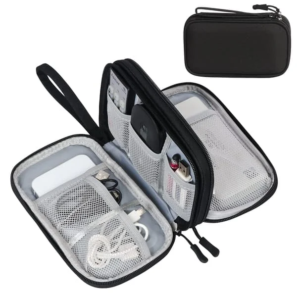 Electronics Accessories Bag, Cable Organizer Bag, 2-Layer Portable Waterproof Travel Case for Cable, SD Card, Charger, Power Bank, Black