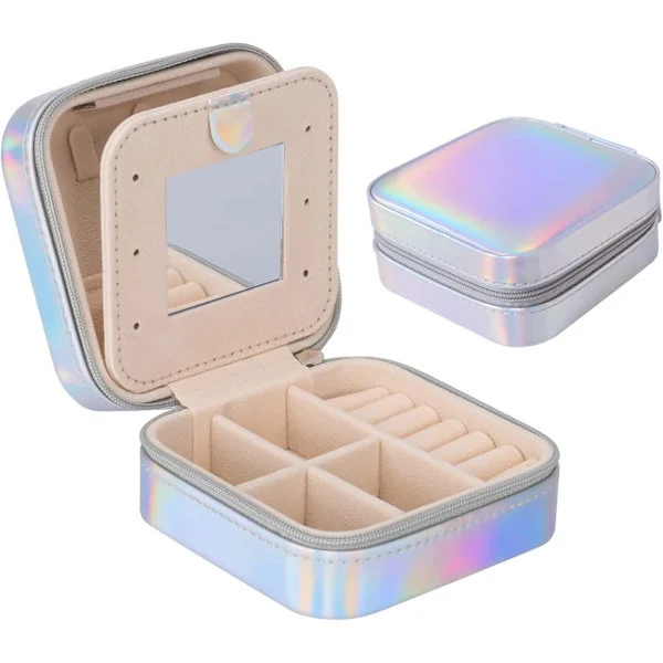 Mini Portabel Smyckeskrin Organizer, Rese Smyckeskrin, Läder Dubbellagers Smyckeskrin med Spegel, Ringar Örhängen Halsband Smyckesgåva