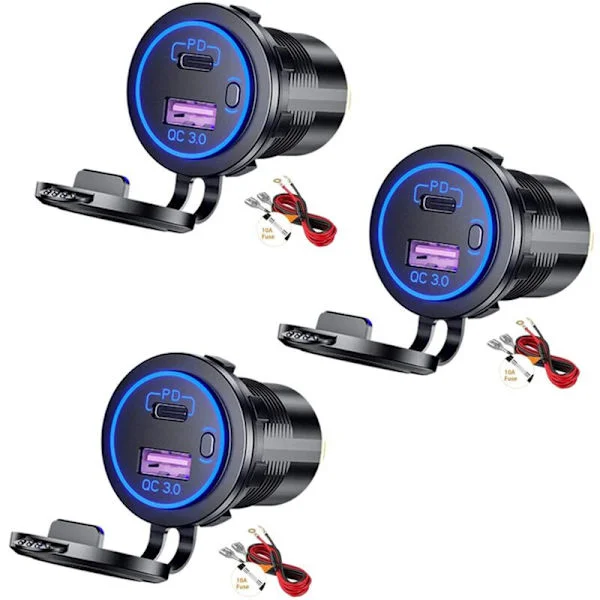 3X USB PD-billader for bil Type C og QC 3.0 12V-uttak med på/av-knapp for motorsykkel RV ATV, blå