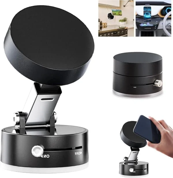 Vacuum Magnetic Phone Holder with Twist-Lock Suction Cup, Foldable 360 Swivel Adjustable Stand for Car Gym Kitchen Bathroom Desk, Black