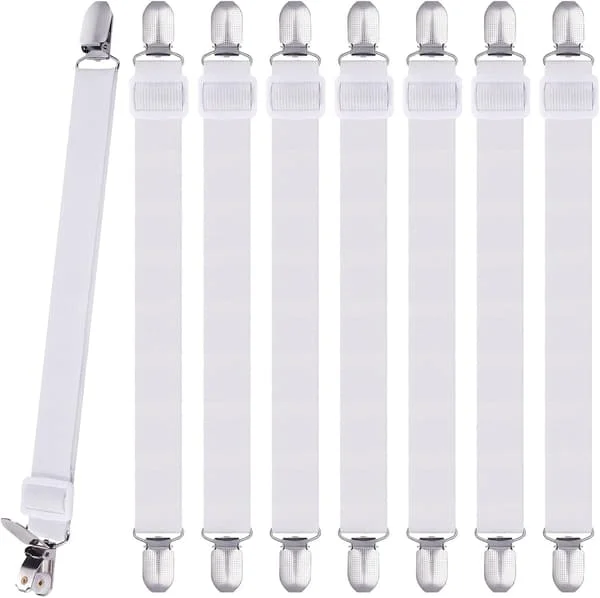 8 Pieces Sheet Clips, Adjustable Sheet Holders, High Elastic Fitted Sheet Straps with Clips, Sheet Fasteners Max Stretch 120cm, Sheet Holders