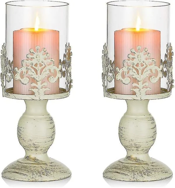 2 st Vintage Metall Pelare Ljusstake Antik Orkan Ljusstake Med Glas Skärm Skydd Accent Display För Hem Bröllop Ljusmiddag Dekor