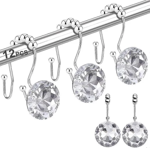 12 stk. dusjforhengkroker ringer til baderom, doble kroker glir anti-rust krystall-rhinestone-kroker stenger gardiner og foring
