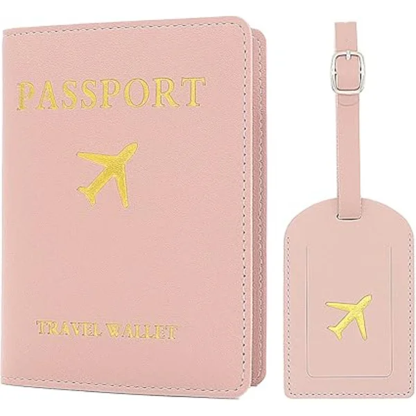 2 Luggage Tags Passport Holder (Pink), 1 Passport Holder and 1 Luggage Tag, PU Leather Luggage Tag for Travel Protection for Passports and Suitcases