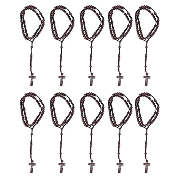 10 st Trä Rosenkrans Jesus Avtryck Katolsk Unisex Stil Naturlig Träpärla Kors Rosenkrans Halsband Smycken för Män Kvinnor Mörkbrun