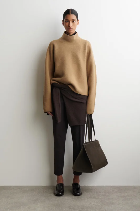 COS Women's Boiled-Wool Funnel-Neck Jumper in Beige