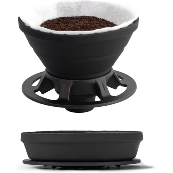 Sammenleggbar kaffetrakter, gjenbrukbar silikon kaffefilterholder, for camping, forretningsreiser, pour-over kaffetrakter (svart)