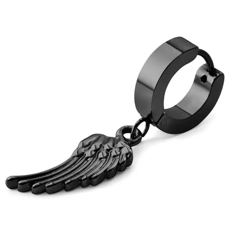 Floyd Black Wing Pendant Hoop Earring for Men - Charm Hoop Earrings