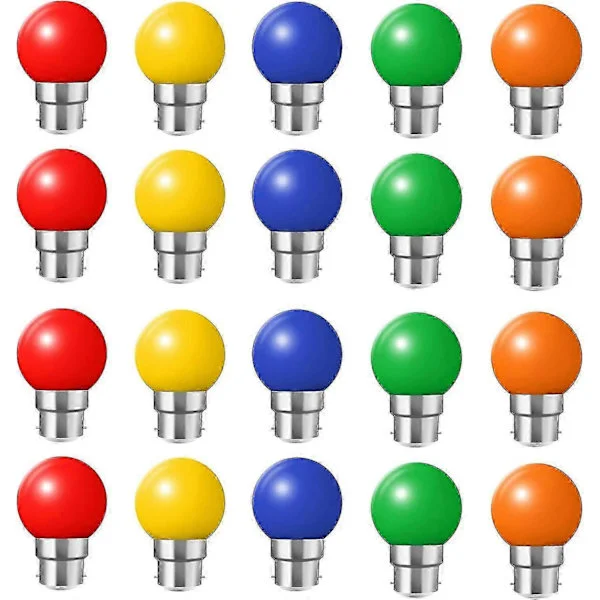 20-pak B22 Bajonet Farvede LED Pærer 1w G45 Pærer LED Farvet Golfbold Pære Natlampe Pære (orange Rød Grøn Blå Gul)