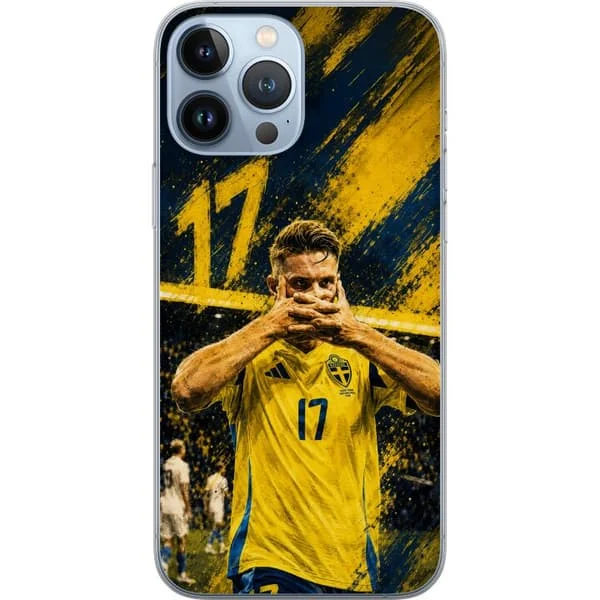 Kompatibelt Mobildeksel til Apple iPhone 13 Pro Max Viktor Gyökeres i en dramatisk fotballillustrasjon med blågule farger og nummer 17.