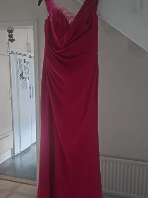 Lång rosa klänning med fjädrar