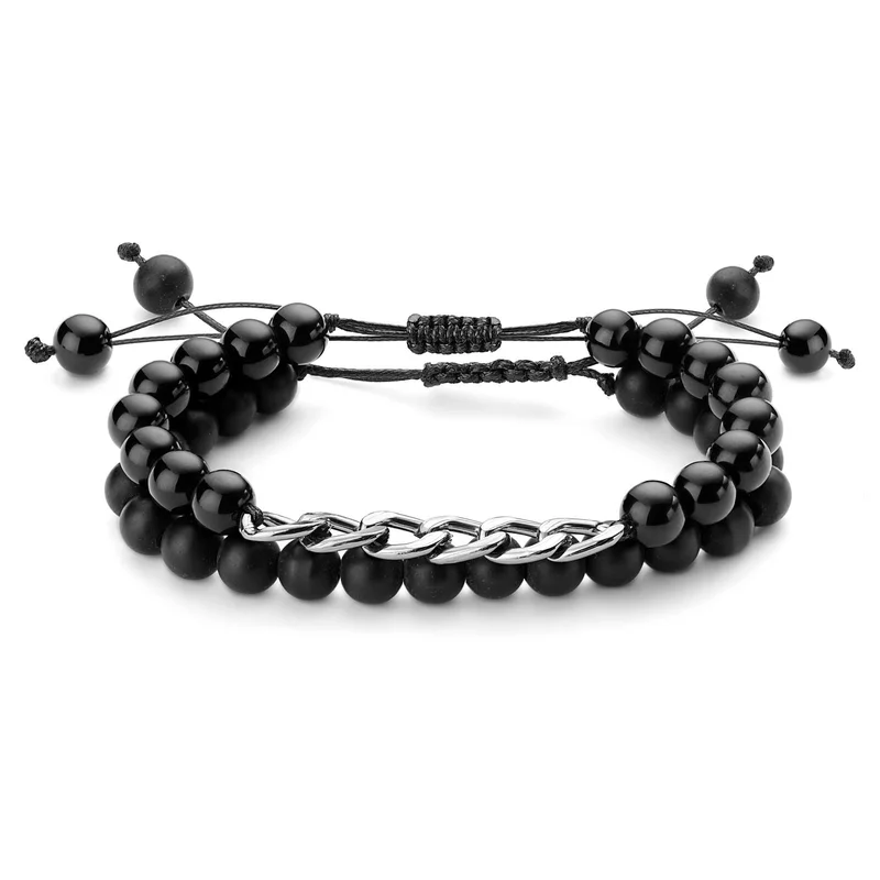 Black Onyx and Hematite Bead Bracelet Set with Chain Detail for Men - Beaded bracelets
