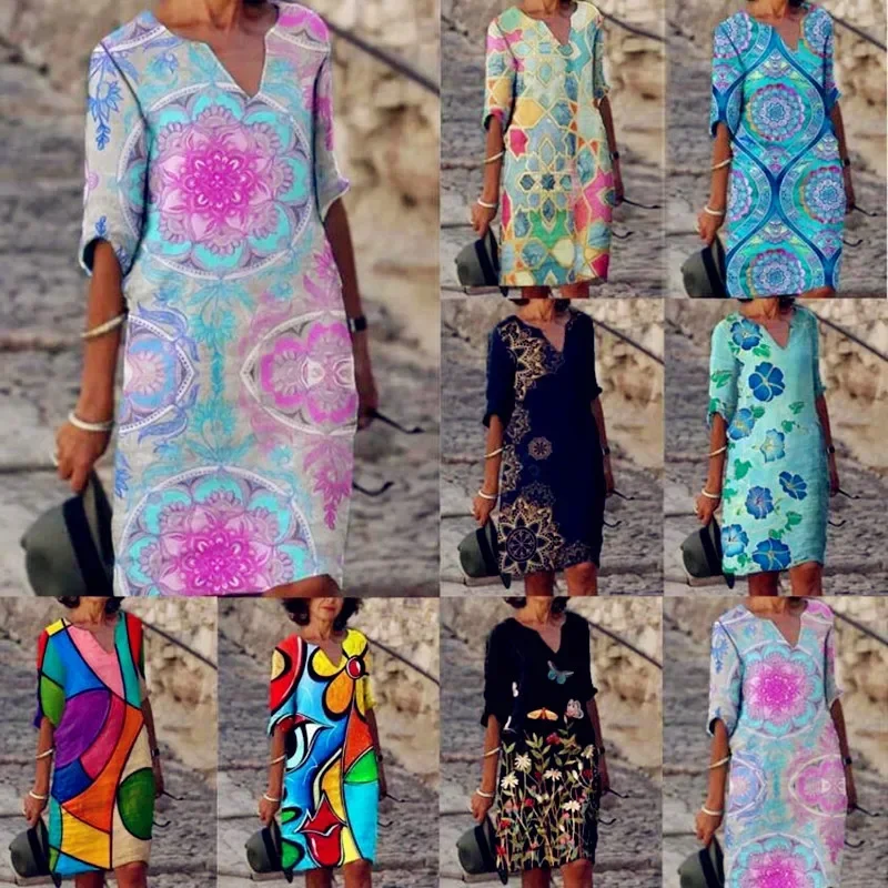 AliExpress - Frauen Lose Frühling Vintage Rüschen Befree Kleid Große Große Gedruckt Sexy Sommer Boho Casual Party Elegante Kleider Plus Größen