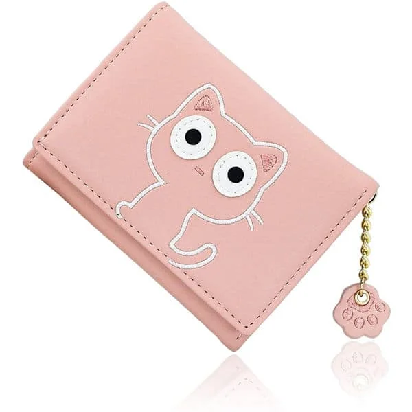 Women's Wallet Small Cute Cat Graphic Slim Leather Tri-Fold Girl Wallet - Pink