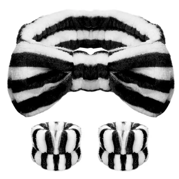 Sminkpannband Spa Pannband och Armband Set Pannband för Ansiktstvätt Självvård Pannband för Kvinnor Flickor Svart och Vitt Pannband
