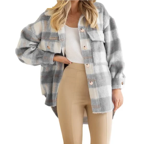 Vinter Ullkåpe Casual Rutete Flanell Shacket Jakke Oversized Knappelukking Langermet Høst Skjortejakke Kåpe Topper Jakke Dame GRÅ