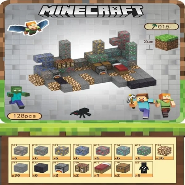 Minecraft byggeklodser, inklusive 128 seks-sidede magnetiske legetøj med 6 figurer, Malmhus