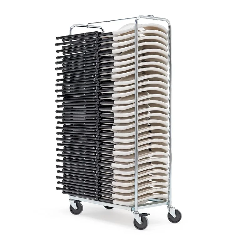 Galvanised chair trolley + 28 white chairs, 1760x485x900 mm
