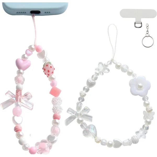 Puhelinriipukset Esteettinen Hihna, Kawaii Söpöt Mansikka-puhelinkuoren riipukset rusetilla ja sydämellä, vaaleanpunaiset/valkoiset helmet Pink&White 