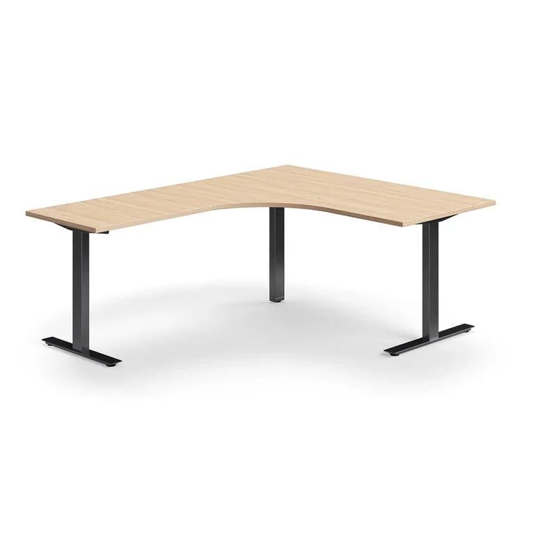Desk QBUS, L-shaped, 1600x2000 mm, T-frame, black frame, oak