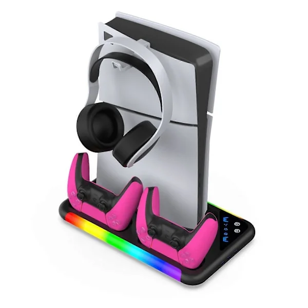 RGB Kylställ för PS5 & PS5 Slim, Konsol Vertikal Display Organiser Basfäste med Dubbel PS5 Kontroll Laddare & Headsethållare