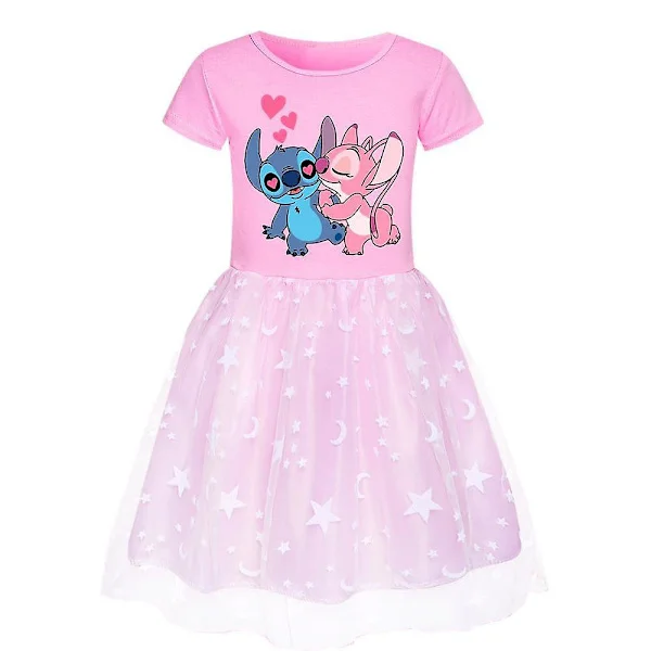 Barn Jenter Lilo & Stitch Trykk Kjole Skjørt Sommer Kort Ermet Bursdagsfest Kjole 3-10 År[HK]