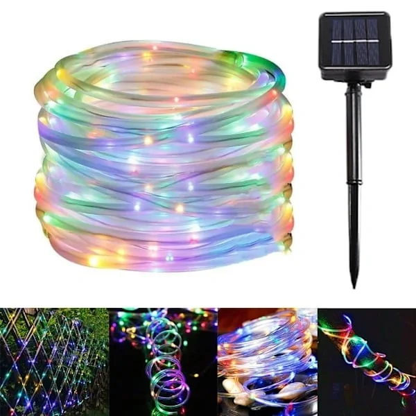 12m Solcellsslinga Utomhus, Justerbar Ljusstyrka Färgglada LED-lampor, Flexibel Koppartrådsslinga, Neon LED-slinga, 100 LED-lampor