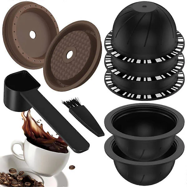 5 st Återanvändbara Vertuo-kapslar för Nespresso-maskin, kaffekapsel med 2 silikonlock, 1 sked och borste