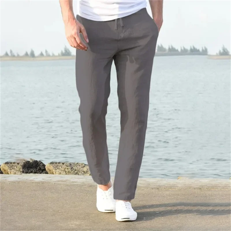 AliExpress - 2025 hommes Stand poche pantalon en lin décontracté solide blanc gris pantalon grande taille 3xl hommes élégant mode pantalons de 