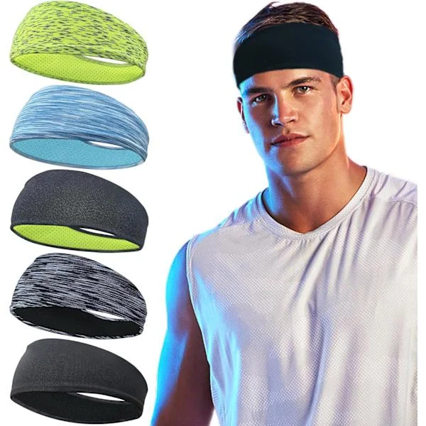 5-pack Sports Headbands for Men, Breathable Mesh Design, Reusable and Washable Sweat-Wicking Headbands for Running, Yoga, Fitness, and Workout