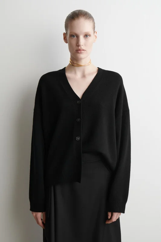 COS Women's Cashmere V Neck Cardigan Sweater in Black